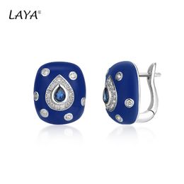 Stud 925Sterling Silver Fashion Retro Style High Quality Zircon Synthetic Crystal Blue Enamel Clip Earrings For Women Classic Jewellery