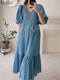 Basic Casual Dresses Vintage Denim Blue Women Shirt Ruffle Dress ZANZEA Summer Fashion Short Sleeve Maxi Robe Oversized V Neck A Line Sundress 230522