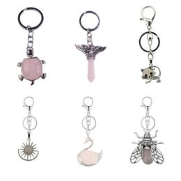 Wholesale Natural Reiki Rose Quartz Charm Keychain Cat Turtle Wing Gemstone Pendant for Women Men Jewelry