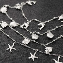 Anklets Stainless Steel Ocean Shell Star Dolphin Pendant Anklet Silver Color Chain Anklet Women Summer Beach Barefoot Sandal Jewelry 1PC G220519