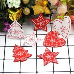 Christmas Decorations 12PCS/Lot DIY White Red Christmas Tree/Heart/Star Wooden Pendants Ornaments For Home Xmas Tree Ornaments Kids Gifts Decorations