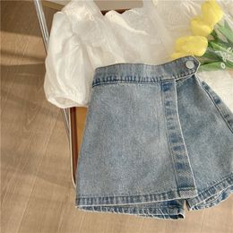Юбки летние маленькие девочки джинсовые тонкие шорты чистого цвета корейский стиль малыши дети повседневные 230520