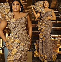 2023 AMVCA Aso Ebi Gold Mermaid Prom Dress Pearls Sequined Lace Evening Formal Party Second Reception Birthday Engagement Gowns Dress Robe De Soiree ZJ300