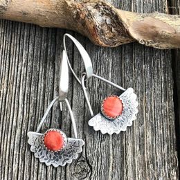 Dangle Earrings Boho Metal Hand Engraved Pattern Set With Orange Stone Vintage Women's Hook Drop