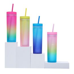 16oz Straight Skinny Acrylic Tumbler Frosted Gradient Colour Holographic with Lid Straw Plastic Cup 480ml Double Wall Acrylic water bottle