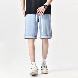 Men's Jeans 2023 Summer Vintage Light Blue Men's Elastic Waist Ruched Denim Shorts Korean Fashion Casual Drawstring Straight