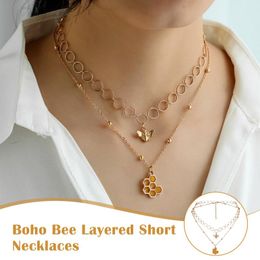 Chains Handmade Boho Bee Layered Short Necklaces Gold Honeycombs Pendant Necklace Beaded Chain For Women And Girls ML