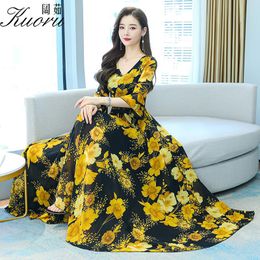 Dresses Yellow Chiffon Casual Summer Women Long Dress Chic Evening Dresses For Party Vintage Maxi Floral Red Beach Elegant 2022 Vestidos