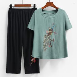 Women's Polos 2023 Summer Cotton Vintage Pants Set Women Peacock Embroidery Elegant Short Sleeve T-shirt Straight Trousers Two Piece