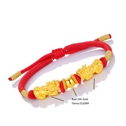 Bangles Genuine 24K Yellow Gold 2pcs DragonSon Pixiu with Red Cord Bracelet Length from 5" to 15"