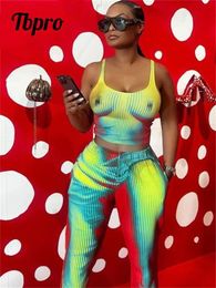 Women s Two Piece Pant Tracksuit Sets Fashion Sleeveless Crop Tops Rave Outfits 2023 Lady Chic Slim Print Tie Dye Matching 230522