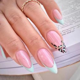 False Nails 24Pcs Green French Press On Almond Head Leopard Printe Nail Patches Wearable Full Cover Tips For Girls