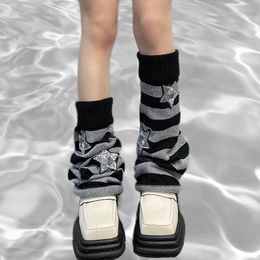 Women Socks Japanese Harajuku Cute Flared Knitted Girls Kawaii Black Stripe Loose Foot Cover Knee High Warmer