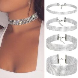 Multilayer Crystal Rhinestone Choker Necklace Women Wedding Accessories Silver Colour Chain Punk Gothic Chokers Jewellery Collier Femme