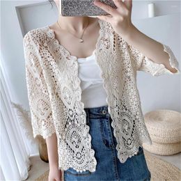 Women's Knits 2023 Fashion Summer Knitted Lace Beach Coat Top Hollow Out Crochet Three Quarter Sleeve Short Small Shawl Cardigans