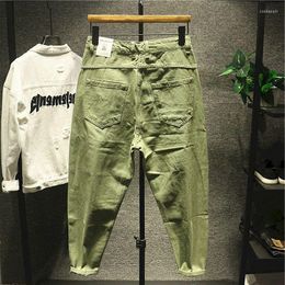 Men's Jeans Foufurieux Japanese Trend Men Ripped Hole White Green Black Ankle Length Youth Fashion Loose Denim Harem Cargo Pants
