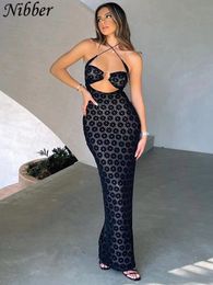Basic Casual Dresses Nibber Women Maxi Dress Solid Colour Hanging Neck Sexy Hollow Perspective Bag Hips Robe Female street Trendy Clothing 230522