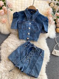 Work Dresses FTLZZ Summer Women Denim Two Piece Set Turn-down Collar Hollow Out Button Crop Top And Sash Tie Up Empire Slim Shorts Lady Suit