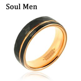 Rings 8MM Mens Black And Gold Tungsten Carbide Ring Hammer Comfort Fit MultiFaceted Men Engagement Ring Fashion Men Anniversary Gifts