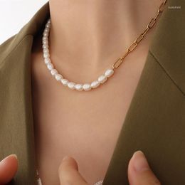 Chains 18K Gold Plated Stainless Steel Half Paperclip Chain With Fresh Water Pearl Combined Necklace