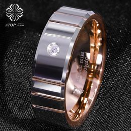 Rings 8mm Polish Silver Rose Gold Tungsten Ring Diamond Men Wedding ring ATOP Jewelry Customized Jewelry