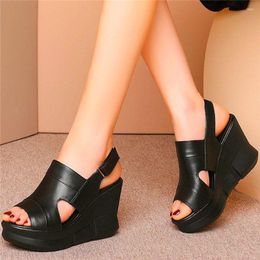 Sandals Increasing Height Pumps Women's Genuine Leather Platform Wedge Open Toe High Heels Comfort Summer Boots