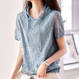 Women's Blouses Fashion Elegant Lace Hooded Blouse Women Summer Short Sleeve Top 2023 Blue Vintage Shirt Lady Crochet Casual Loose Blusas