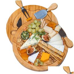 Other Kitchen Tools Bamboo Cheese Board And Knife Set Round Charcuterie Boards Swivel Meat Platter Holiday Housewarming Gift Drop De Dhjks