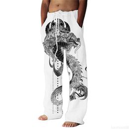 Men's Pants New Men's Cotton Linen Pants Casual Dragon Print Trousers Pocket Drawstring Sweatpants Daily Simple Loose Pantalones Hombre