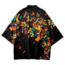 Ethnic Clothing Man Japanese Kimono Black Butterfly Print Cardigan Jacket Harajuku Samurai Clothes Yukata Haori Obi Streetwear