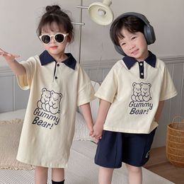 Clothing Sets Brother Sister Costumes Boys Fashion Pullover Turndown Collar Tops Solid Shorts Girls Cartoon Cute Dress Bear Dresses 230520