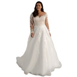 Plus Size A Line Wedding Dresses with Long Sleeve V Neck Button Back Bridal Gown for Bride Country Robe De Mariee