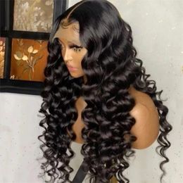 Natural Black 26Inch Loose Deep Wave Synthetic Glueless Lace Front For Women Baby Hair Preplucked Heat Resistant Fibre