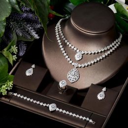 Necklace Earrings Set HIBRIDE Two Layers Water Drop 4pcs And Earring Sets Cubic Zirconia Dubai Nigeria Wedding Jewellery Accessories S-018