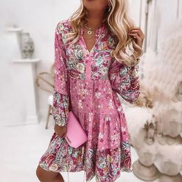 Basic Casual Dresses 2023 Spring Oversize Print A line Women s Dress Elegant Pleated Long Sleeve Female Fashion Beach Ladies Clothes 230522