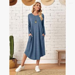 Casual Dresses Women Loose Clothes Plain Pocket Long Sleeve Round Neck Midi Black Gray Blue Lady Vestidos 2023