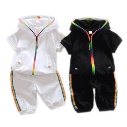 Clothing Sets Children Summer Cotton Garment Baby Boys Girls Candycolored Zipper Hoodies Short 2 PcsSet Kids Short Sleeve Twinsets Tracksuit 230520