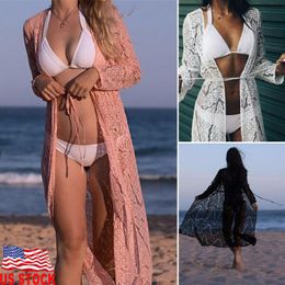 Sarongs Women Summer Lace Floral Bikini Cover Up Loose Shawl Vintage Kimono Cardigan Elegant Long Sleeve Bathing Beach Dress