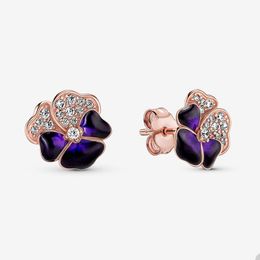 Deep Purple Pansy Flower Stud Earrings for Pandora 18K Rose Gold Wedding Party Earring Set designer Jewelry For Women Real Silver earring with Original Box