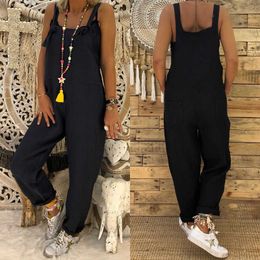 Jumpsuits Rompers Plus Size 2019 Autumn Loose Fit Women's Casual bib cover Cotton Linen Long jumpsuit Solid shoulder strap pocket Dungary P230522 good