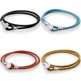 Bangle New 925 Sterling Silver Multicolor Double Leather With Button Clasp Bracelet For Popular Bangle Bead Charm DIY Jewellery