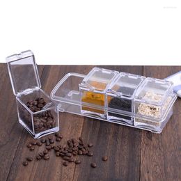 Storage Bottles 4 Grid Acrylic Seasoning Box With Spoons Spice Jar Set Condiment Cruet Bottle Sealed Kitchen Accessories