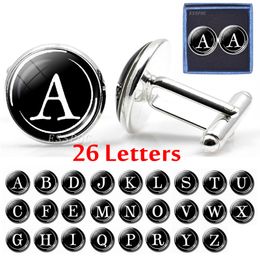 Men's Fashion 26 Letters Cufflinks Initial Letter Glass Dome Cufflinks Gift for Men Box Packaging