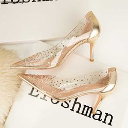 Sandals 2023 Luxury Women Glitter 10cm High Heels Transparent Pumps Designer Bling Crystal Gold Heels Wedding Bridal Party Shoe Big Size J230518 J230519 J230522