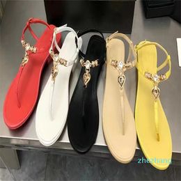 2023-Small Fragrance Slippers Rhinestone Pearl Clip Toe Sandals Female Leather Love Everything Matching Flat Sandals