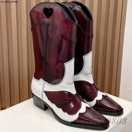 Dress Shoes Women Knee High Boots Fashion Mixed Color Patchwork Genuine Leather Cowboy Combat Boot Runway Outfit Low Heels Slip On Booties J230522