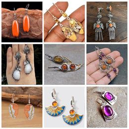 Dangle Earrings 2023 Fashion Boho Retro Orange Oval Stone For Women Vintage Ethnic Silver Colour Long Drop Fine Jewellery Female Gift