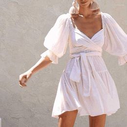 Casual Dresses Boho Inspired French Style Elegant Ladies Dress White Cotton Bow Tied V-neck Puff Sleeve Mini Sexy Women Party