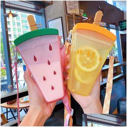 Water Bottles Plastic Bottle Watermelon Orange Ice Cream With St Portable Popsicle Cup For Kids Girls Drop Delivery Home Garden Kitc Dhuct