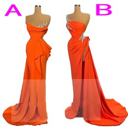 Sexy Orange Mermaid Prom Dresses for Women Plus Size One Shoulder Beaded Satin Pleats Side Split Backless Special Occasion Formal Evening Party Pageant Gowns